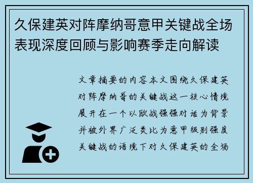 久保建英对阵摩纳哥意甲关键战全场表现深度回顾与影响赛季走向解读