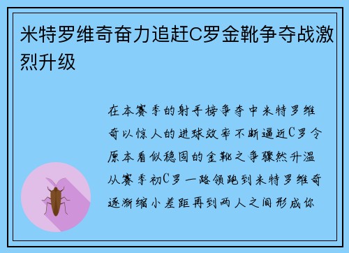 米特罗维奇奋力追赶C罗金靴争夺战激烈升级